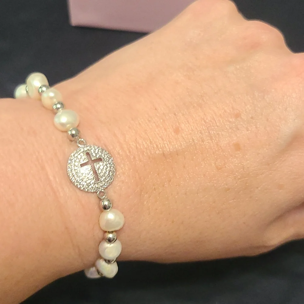 Silver Pearl Cross Bracelet - Picture 6 of 6